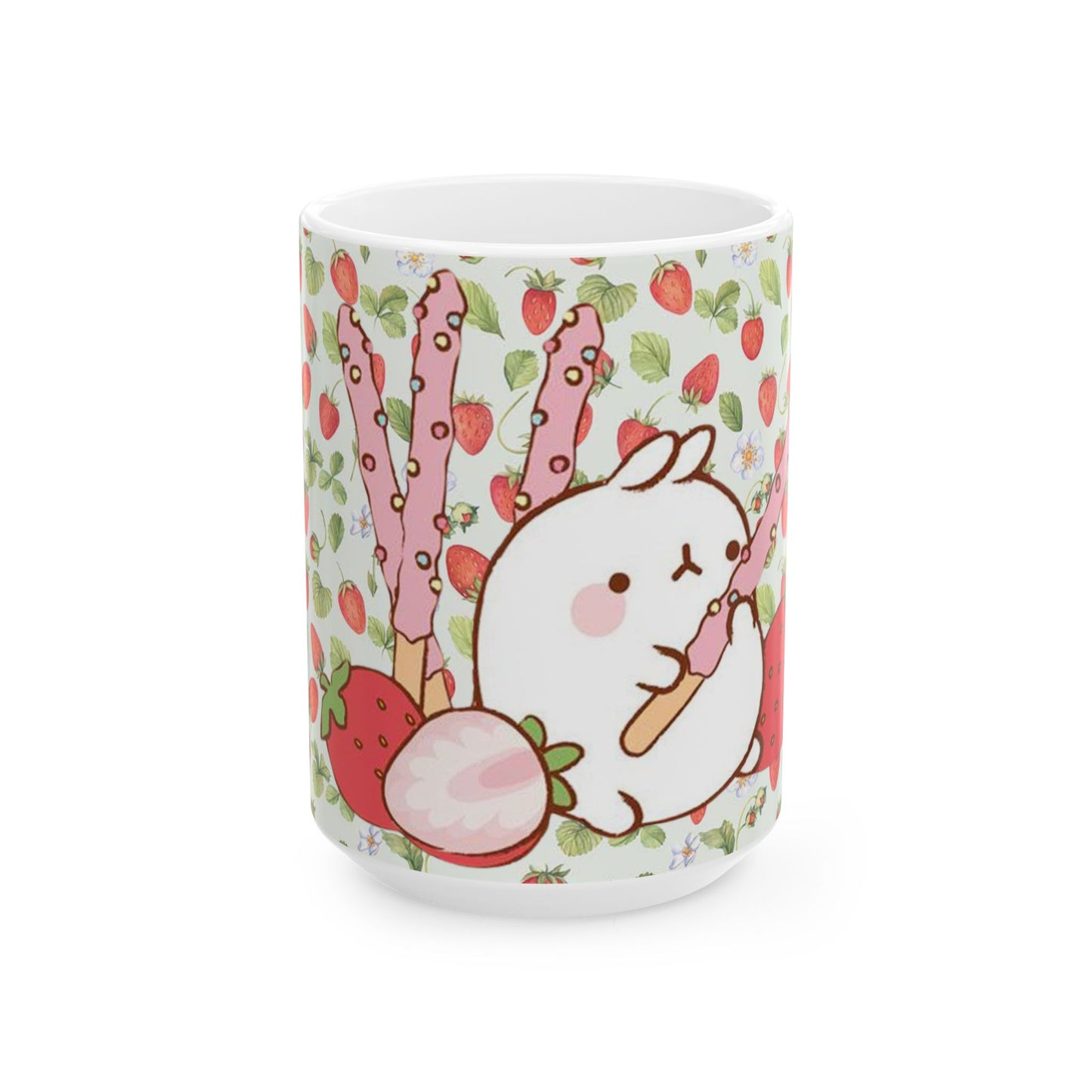 Cute Molang Strawberry Pocky Ceramic Mug, Whimsical Gift, Tea Coffee Cup, Spring