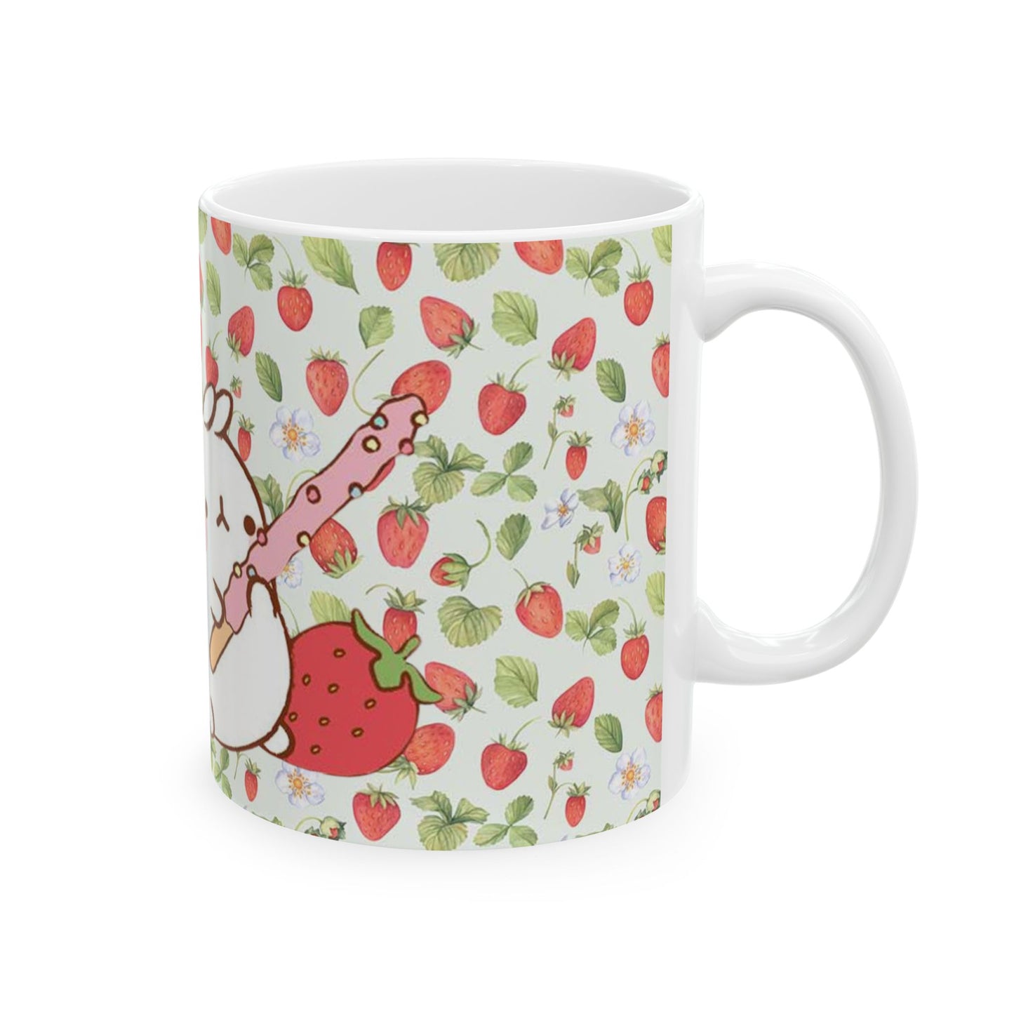 Cute Molang Strawberry Pocky Ceramic Mug, Whimsical Gift, Tea Coffee Cup, Spring