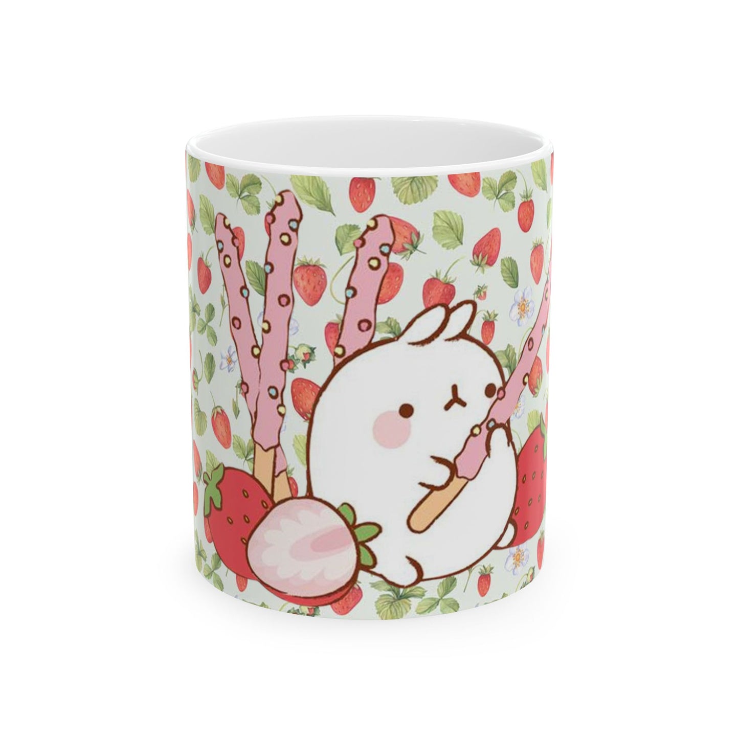 Cute Molang Strawberry Pocky Ceramic Mug, Whimsical Gift, Tea Coffee Cup, Spring
