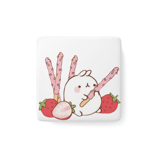 Cute Molang Porcelain Magnet, Kawaii Decor, Strawberry Kitchen Art, Fridge