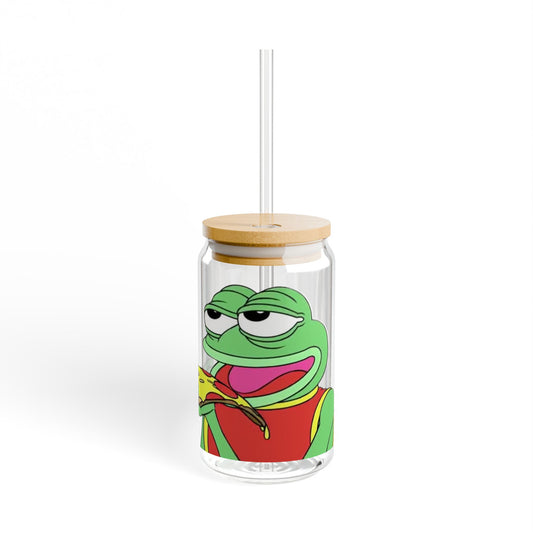 Funny Pepe the Frog & Pizza Sipper Glass, 16oz, Cute Drinkware, Gift for Friends