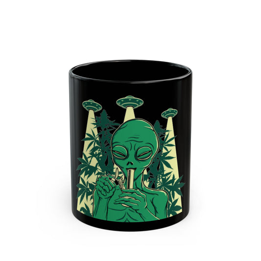 Alien Vibes Black Mug, Cool Coffee Cup for Cannabis Lovers, Perfect for Gifting, Weed Enthusiasts, UFO Fans