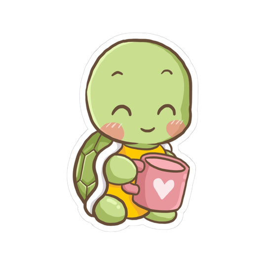 Kawaii Turtle Loves Coffee Kiss-Cut Sticker for Laptops, Water Bottles, Journals