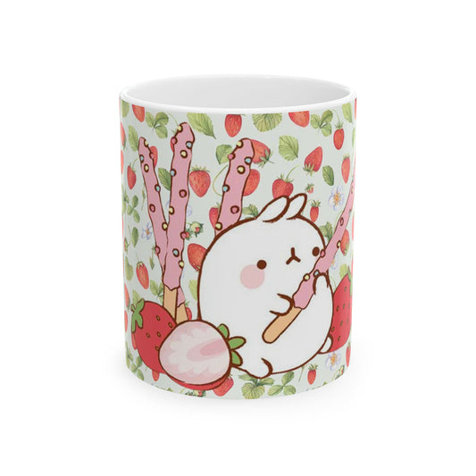 Cute Molang Strawberry Pocky Ceramic Mug, Whimsical Gift, Tea Coffee Cup, Spring